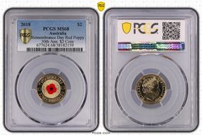 2018 $2 Remembrance Day Red Poppy 30th Ann. $2 Coin Colorized MS68