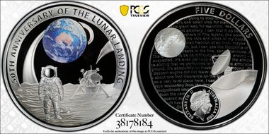 2019 $5 Apollo 11 50th Anniversary Australia/U.S. 2 Pc Set Ag PR70DCAM