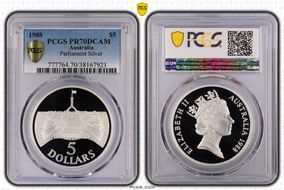 1988 $5 Parliament Ag PR70DCAM