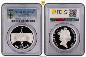 1988 $5 Parliament Ag PR70DCAM