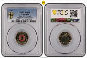 2015 $2 Lest We Forget Colorized Poppy Counterstamp MS66