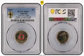 2015 $2 Lest We Forget Colorized Poppy Counterstamp MS65