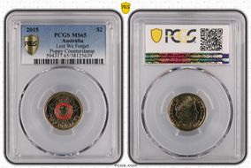 2015 $2 Lest We Forget Colorized Poppy Counterstamp MS65