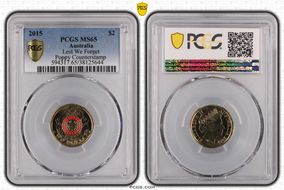 2015 $2 Lest We Forget Colorized Poppy Counterstamp MS65