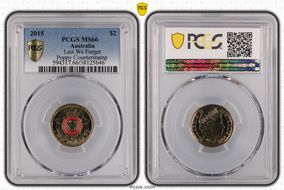 2015 $2 Lest We Forget Colorized Poppy Counterstamp MS66