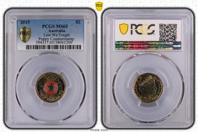 2015 $2 Lest We Forget Colorized Poppy Counterstamp MS65