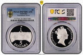 1988 $5 Parliament Ag PR70DCAM