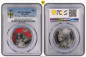 2019 50C 90 Ann. of Ghan Colorized MS68