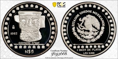 1993-Mo 5 Peso Brasero Efigie T-2 Mo Abv Date, Brilliant Border PR69DCAM