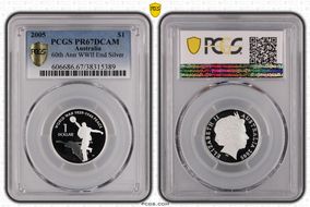 2005 $1 End of WWII - Dancing Man Ag PR67DCAM