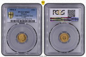 1854-A 5 Fr Gad-1000 Tranche lisse F-500 Au MS62