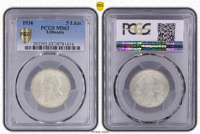 1936 5 Litai Jonas Basanavičius ↑↑ KM-82  Ag MS63