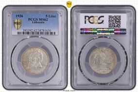 1936 5 Litai Jonas Basanavičius ↑↑ KM-82  Ag MS62