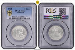 1936 5 Litai Jonas Basanavičius ↑↑ KM-82  Ag MS61