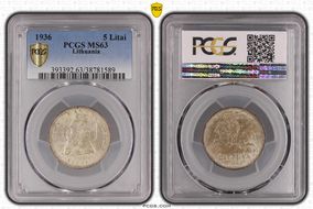 1936 5 Litai Jonas Basanavičius ↑↑ KM-82  Ag MS63