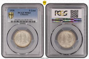 1936 5 Litai Jonas Basanavičius ↑↑ KM-82  Ag MS64