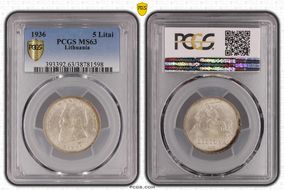 1936 5 Litai Jonas Basanavičius ↑↑ KM-82  Ag MS63