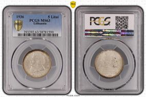 1936 5 Litai Jonas Basanavičius ↑↑ KM-82  Ag MS63