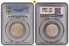 1936 5 Litai Jonas Basanavičius ↑↑ KM-82  Ag MS64