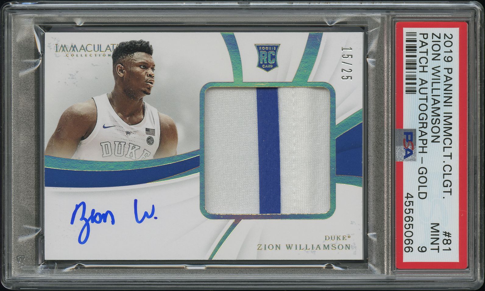 2019 Panini PANINI IMMACULATE COLLEGIATE PATCH AUTOGRAPH-GOLD #81 Zion Williamson front