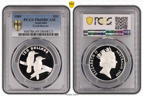 1989 $10 Kookaburras KM-133  Ag PR69DCAM