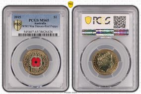 2015 $1 WWI War Heroes-Red Poppy Colorized MS65