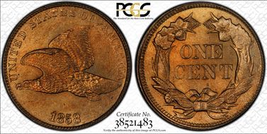 1858/7 1C Strong Overdate MS65