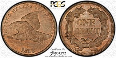 1858/7 1C Strong Overdate MS64