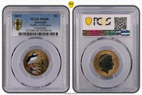 2013 $1 Puffin Al-Bronze Colorized MS68