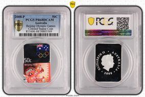 2008-P 50C Beijing Olympic Games Colorized Stamp Coin PR68DCAM