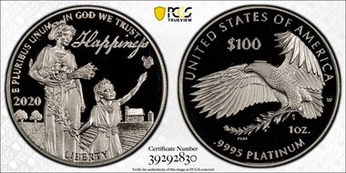 2020-W $100 Platinum Eagle - Happiness First Day of Issue Mercanti Flag Signature PR70DCAM