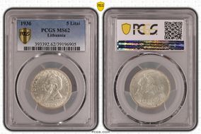 1936 5 Litai Jonas Basanavičius ↑↑ KM-82  Ag MS62