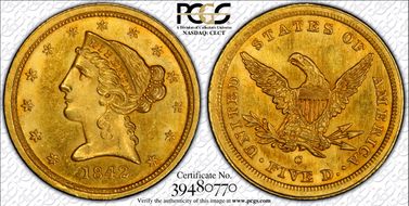 1842-C $5 Small Date MS63+