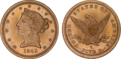 1842-C $5 Small Date MS63+