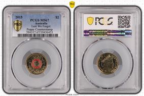 2015 $2 Lest We Forget Colorized Poppy Counterstamp MS67