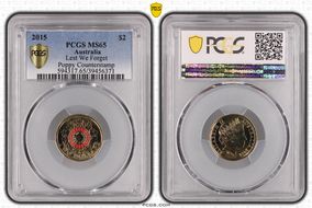 2015 $2 Lest We Forget Colorized Poppy Counterstamp MS65