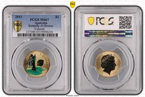 2011 $1 Cairns Birdwing Butterfly Al-Bronze Colorized MS67