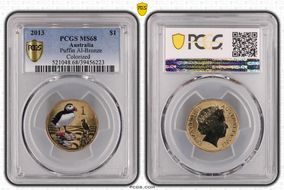 2013 $1 Puffin Al-Bronze Colorized MS68