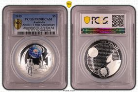 2019 $5 Apollo 11 50th Anniversary Australia/U.S. 2 Pc Set Ag PR70DCAM