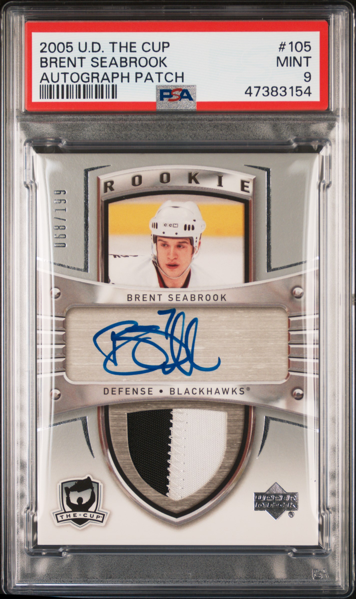 2005-06 Upper Deck The Cup Rookie Patch Autograph (RPA) #105 Brent Seabrook Signed Patch Rookie Card (#068/199) – PSA MINT 9