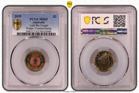 2015 $2 Lest We Forget Colorized Poppy Counterstamp MS65