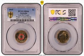 2015 $2 Lest We Forget Colorized Poppy Counterstamp MS64