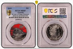 2019 50C 90 Ann. of Ghan Colorized MS69