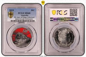 2019 50C 90 Ann. of Ghan Colorized MS68