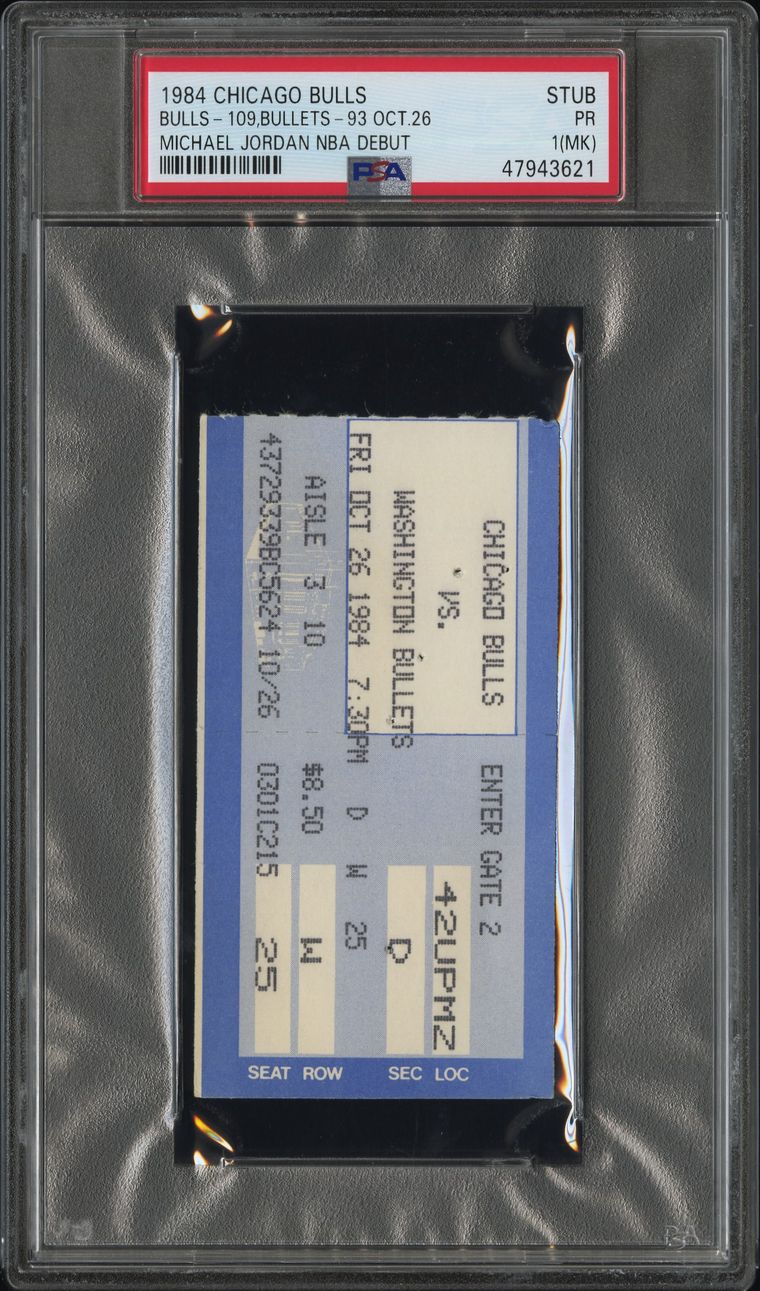 Ticket stub from Michael Jordan's NBA debut graded PSA Poor 1 with a marks qualifier, which sold for $99,000