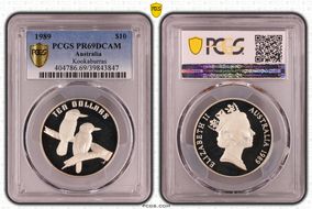 1989 $10 Kookaburras KM-133  Ag PR69DCAM