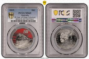 2019 50C 90 Ann. of Ghan Colorized MS69