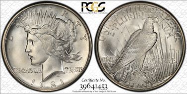 1921 $1 High Relief, Peace MS66