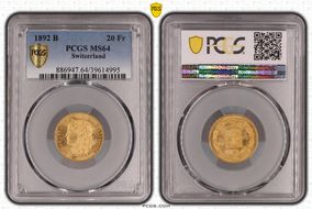1892 B 20 Fr KM-31.3  Au MS64