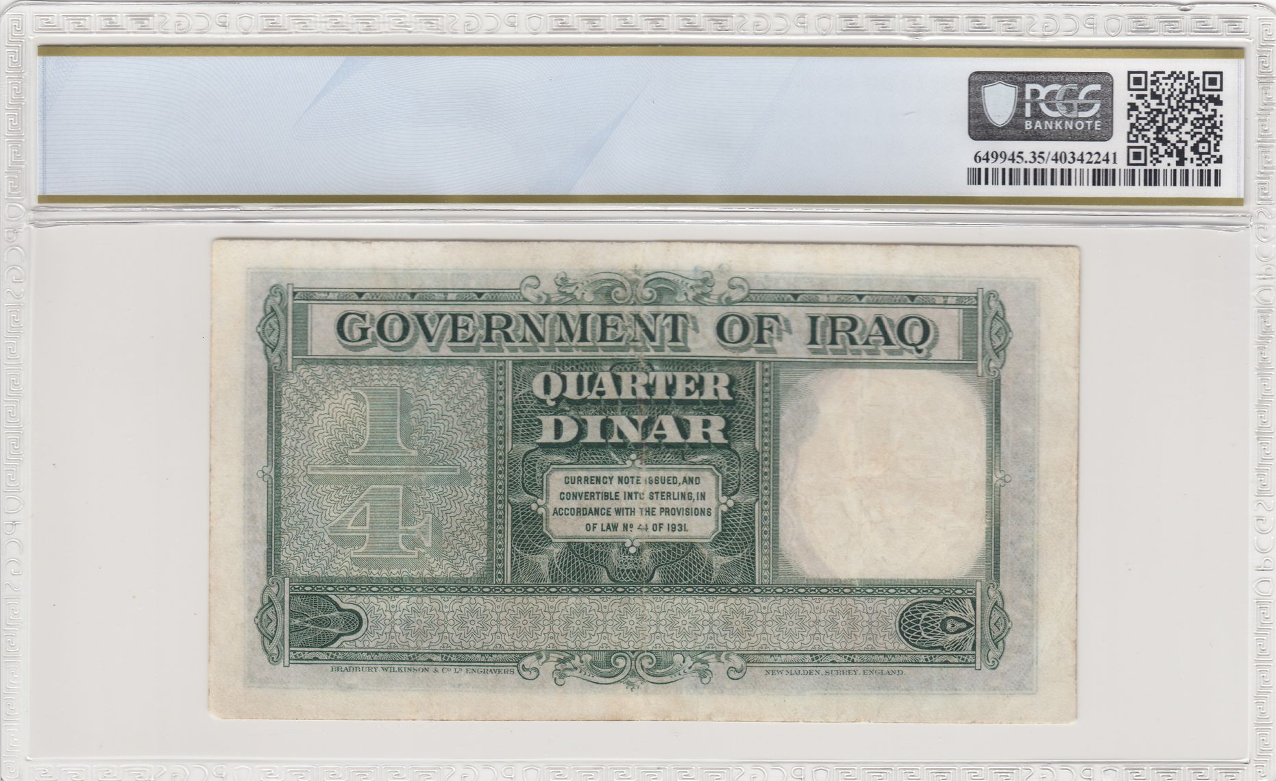 Pick 16a L.1931 (1942) 1/4 Dinar Government of Iraq BWC Sign. Lord